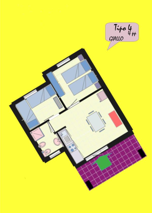 Bunter Wohnungsgrundriss, lebendig und einladend.