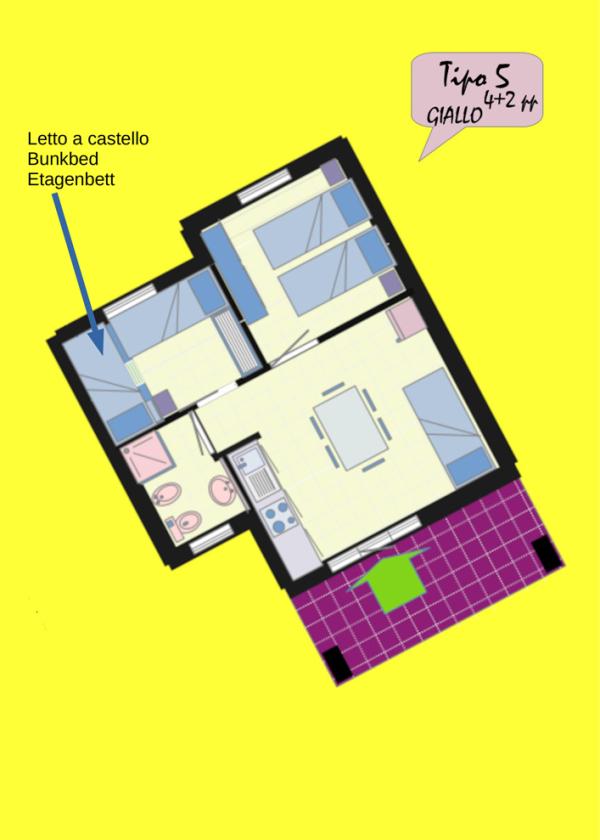 Bunter Wohnungsgrundriss mit lebendiger Terrasse, Etagenbetten und Küche.